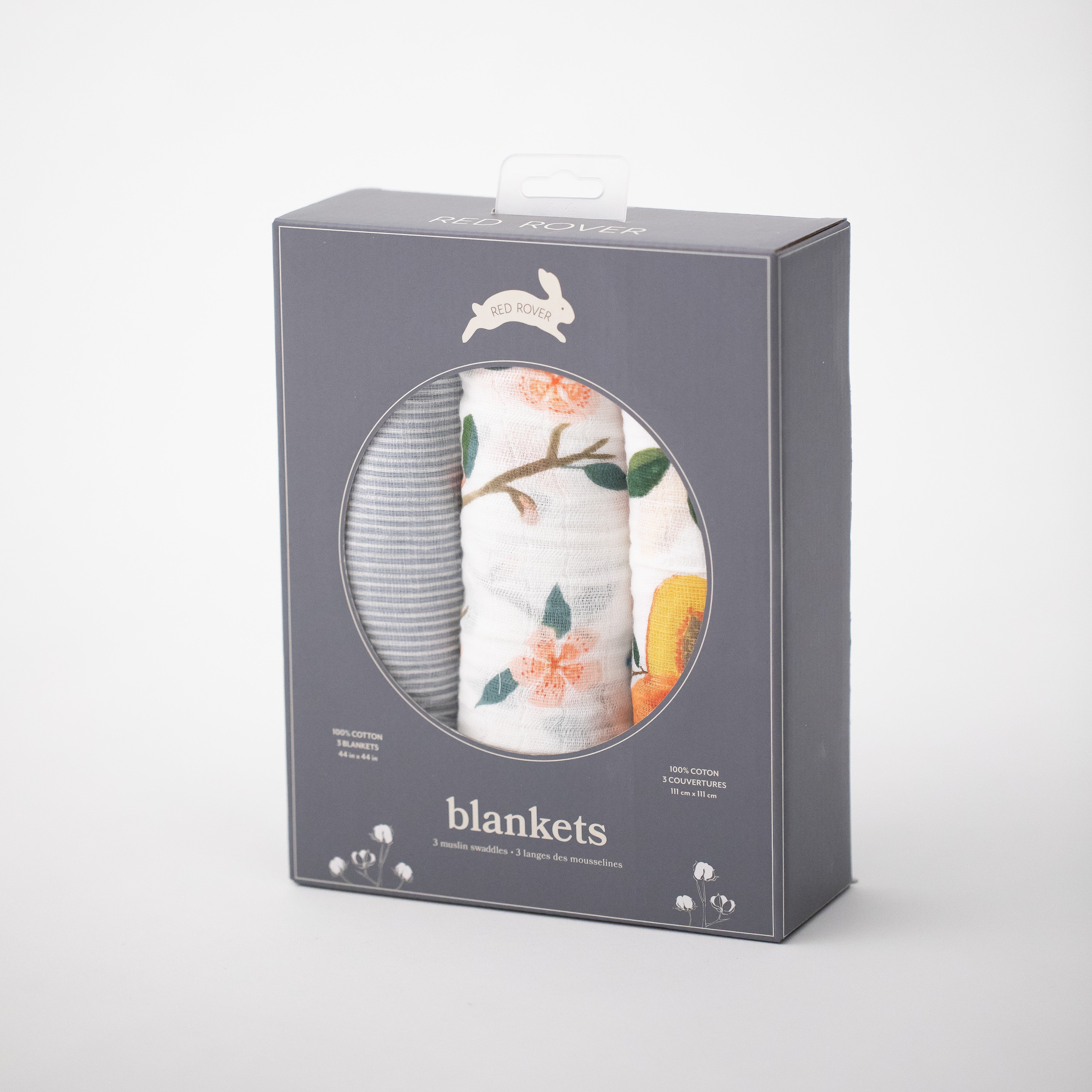 3 swaddle blankets featuring peach blossoms, whole and cut open peaches, and grey micro stripes. All in Red Rover packaging