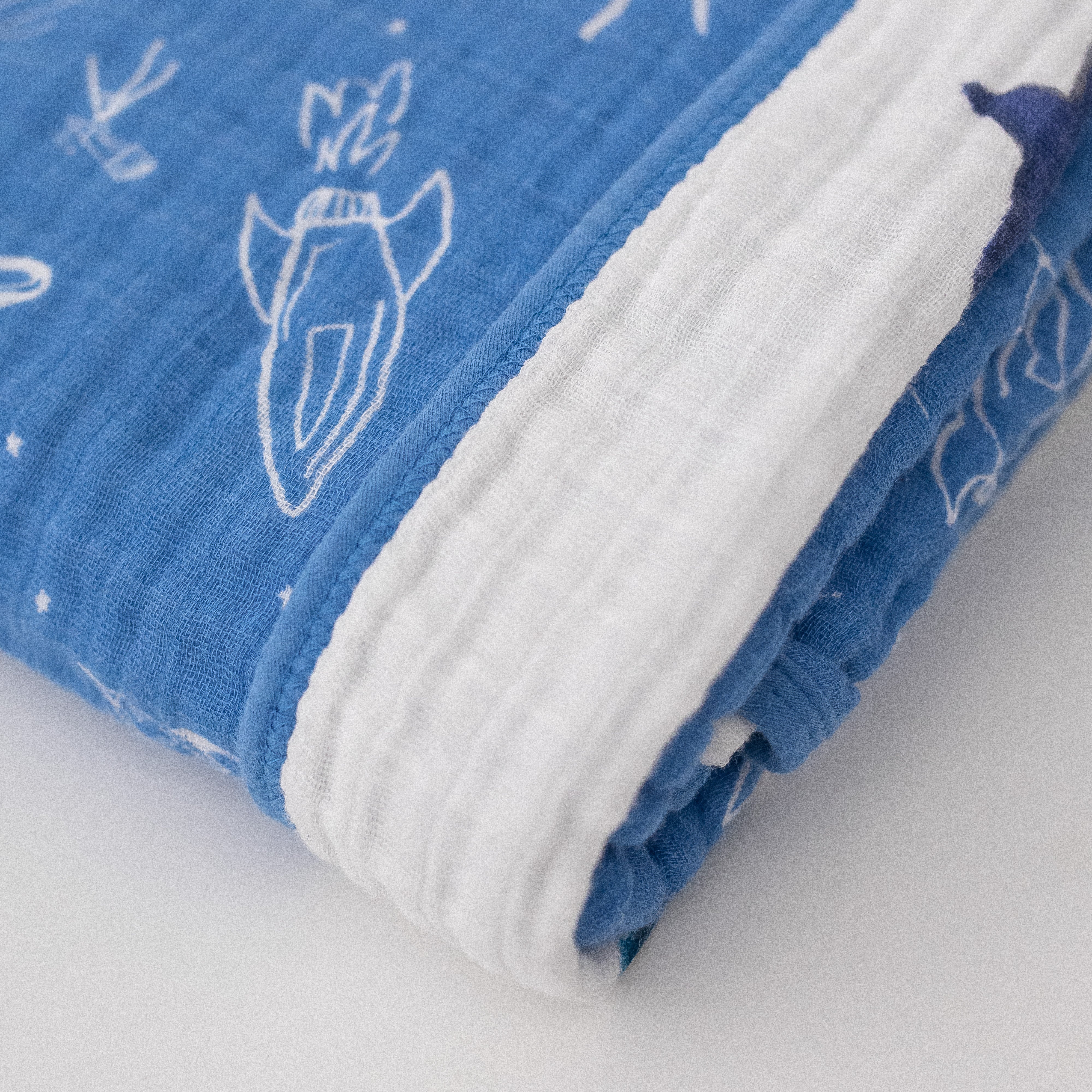 super soft cotton muslin quilt with white planets, stars, telescopes, and rocket ships all on a blue background on one side and the text "you are my sun my moon and all my stars" on the other side