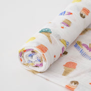single swaddle blanket with ice cream cones, banana splits, and other frozen treats