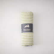 single swaddle blanket with small green stripes rolled in Red Rover packaging